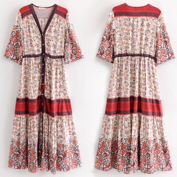 Boho Maxi Gown DRESS Rosewood Floral Elle Red Blue - Picture 5 of 6